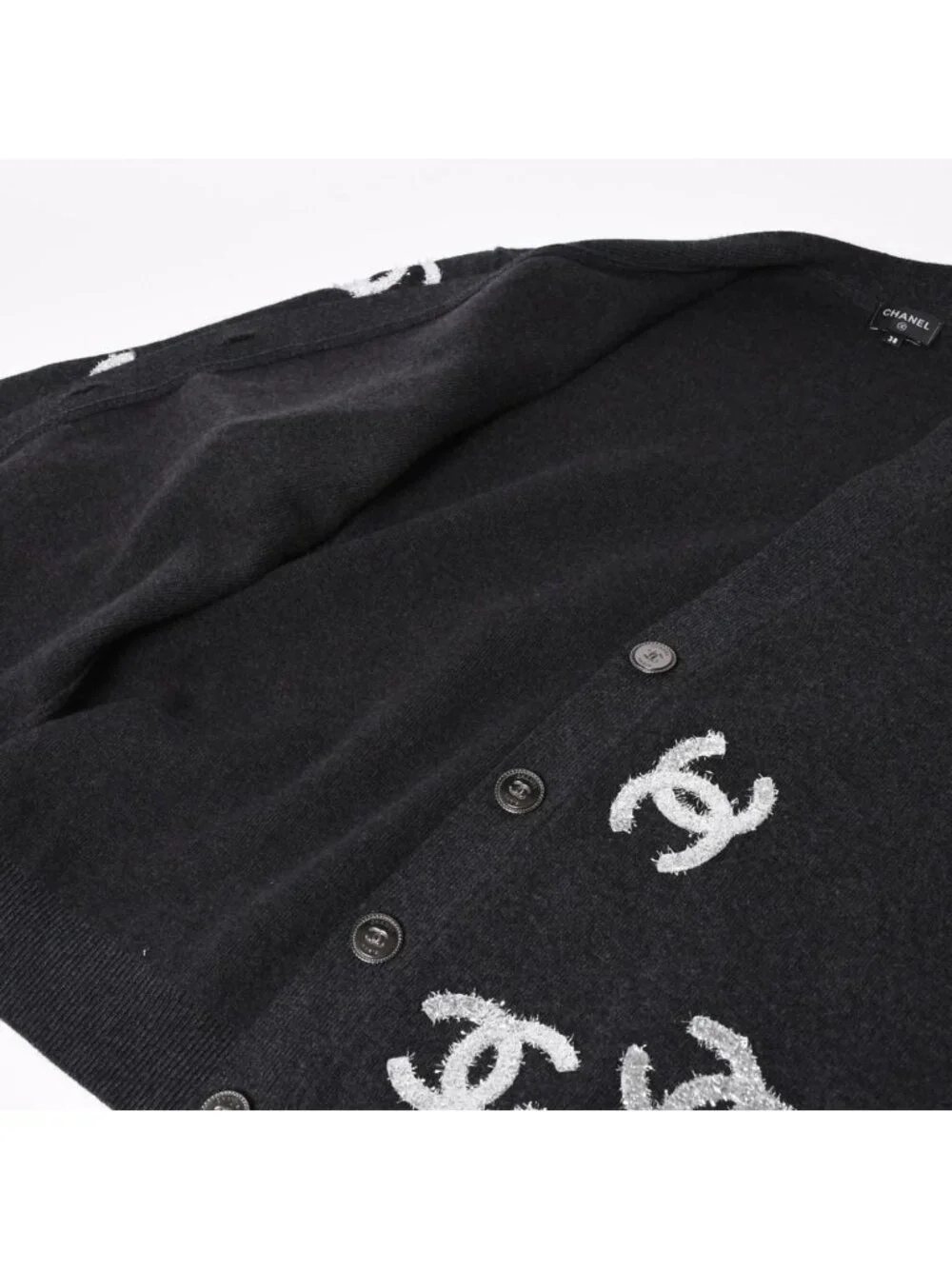 Chanel Cashmere Knit Cardigan CC Logo Glitter Charcoal 38
